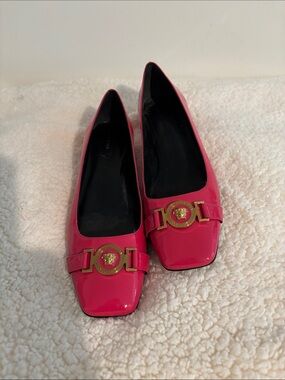 Versace Hot Pink Patent Leather Square-Toe Flats with Gold Medallion